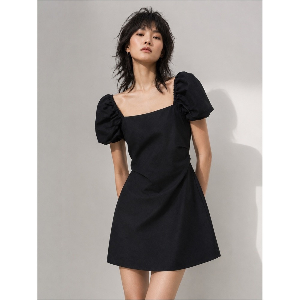 Zara Mini Dress Linen Blend Puff Sleeve Open Back XS Black Cocktail